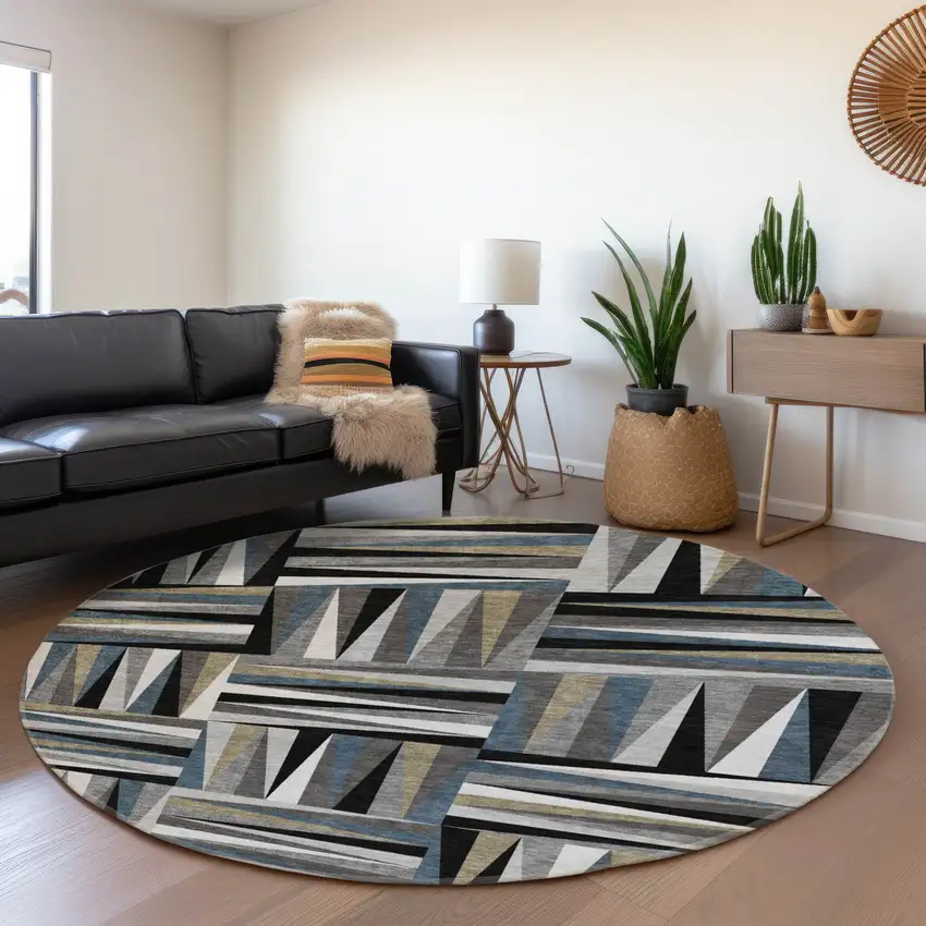 8' Black Beige And Ivory Geometric Washable Round Rug With UV Protection Photo 4
