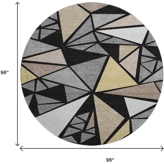 8' Black Beige And Ivory Geometric Washable Round Rug With UV Protection Photo 9