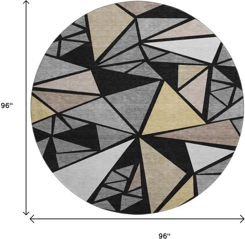 8' Black Beige And Ivory Geometric Washable Round Rug With UV Protection Photo 9