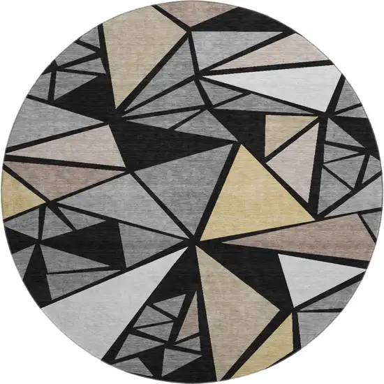 8' Black Beige And Ivory Geometric Washable Round Rug With UV Protection Photo 1