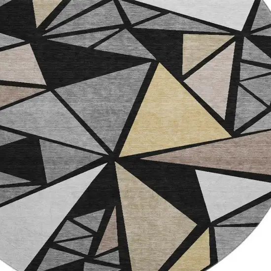 8' Black Beige And Ivory Geometric Washable Round Rug With UV Protection Photo 2