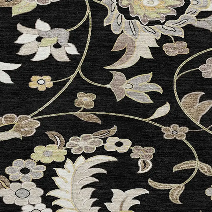 8' Black Beige And Ivory Round Floral Washable Indoor Outdoor Area Rug Photo 4