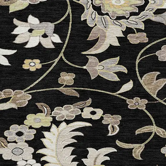 8' Black Beige And Ivory Round Floral Washable Indoor Outdoor Area Rug Photo 4