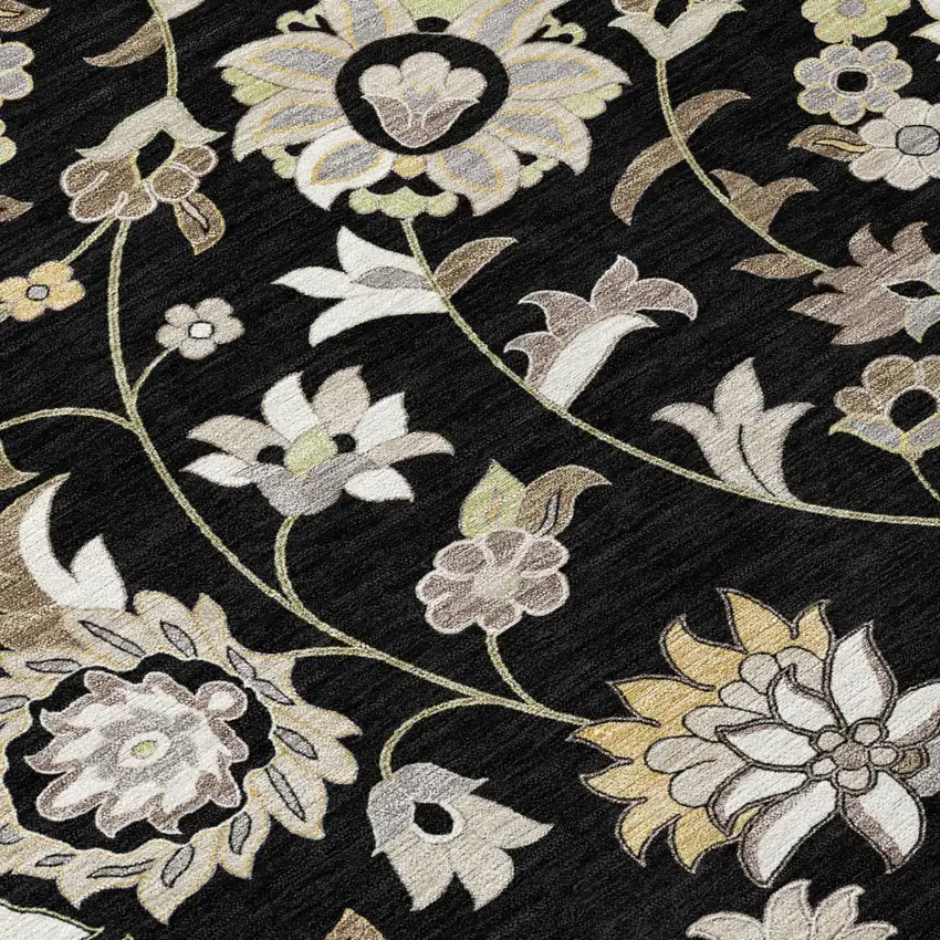 8' Black Beige And Ivory Round Floral Washable Indoor Outdoor Area Rug Photo 8