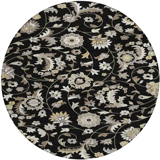 8' Black Beige And Ivory Round Floral Washable Indoor Outdoor Area Rug Photo 2