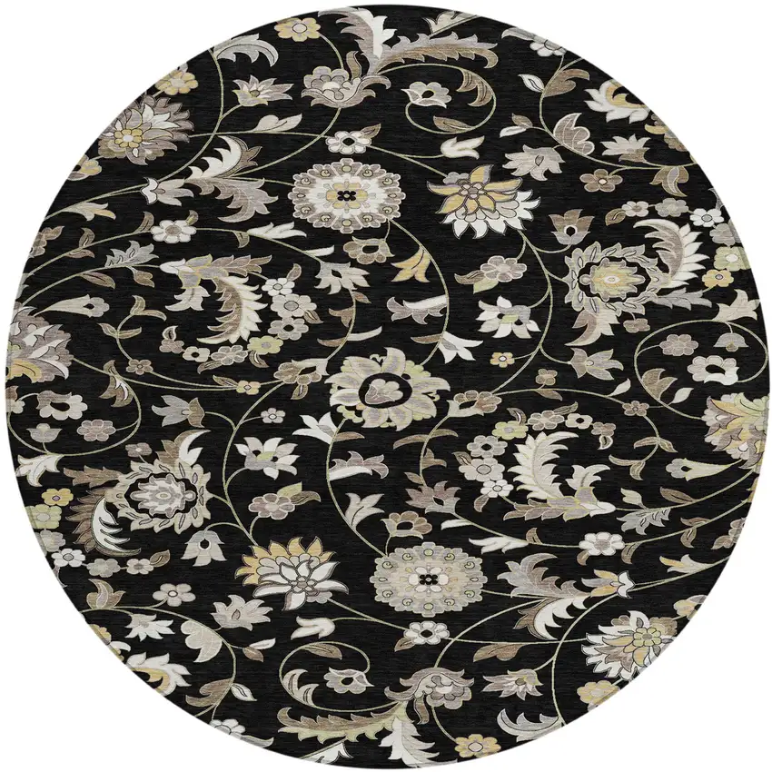 8' Black Beige And Ivory Round Floral Washable Indoor Outdoor Area Rug Photo 2