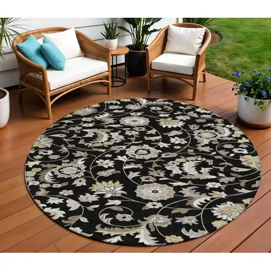 8' Black Beige And Ivory Round Floral Washable Indoor Outdoor Area Rug Photo 1