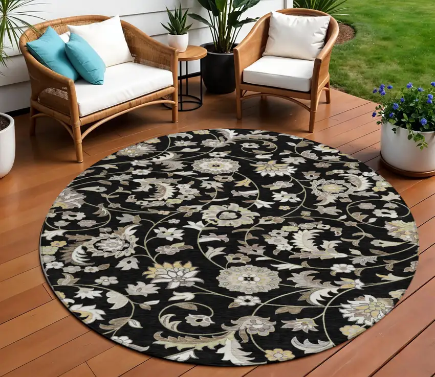 8' Black Beige And Ivory Round Floral Washable Indoor Outdoor Area Rug Photo 1