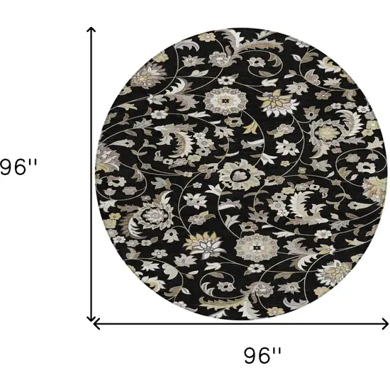 8' Black Beige And Ivory Round Floral Washable Indoor Outdoor Area Rug Photo 3