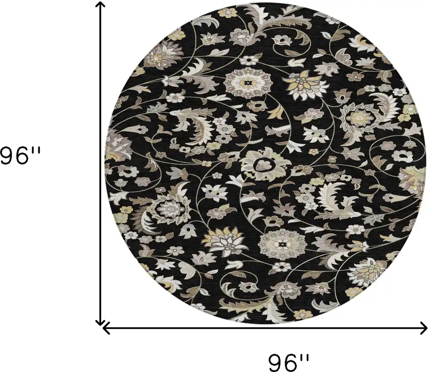 8' Black Beige And Ivory Round Floral Washable Indoor Outdoor Area Rug Photo 3