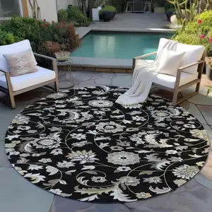 Photo of 8' Black Beige And Ivory Round Floral Washable Indoor Outdoor Area Rug