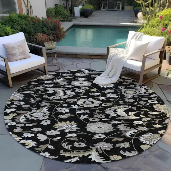 8' Black Beige And Ivory Round Floral Washable Indoor Outdoor Area Rug Photo 6