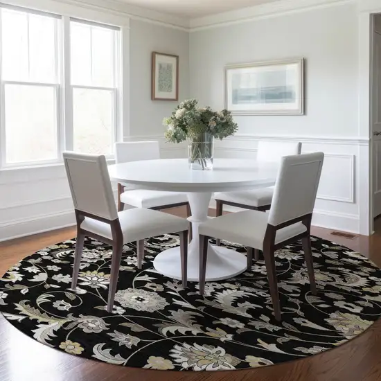 8' Black Beige And Ivory Round Floral Washable Indoor Outdoor Area Rug Photo 7