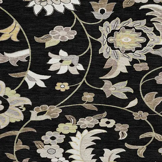 8' Black Beige And Ivory Round Floral Washable Indoor Outdoor Area Rug Photo 5
