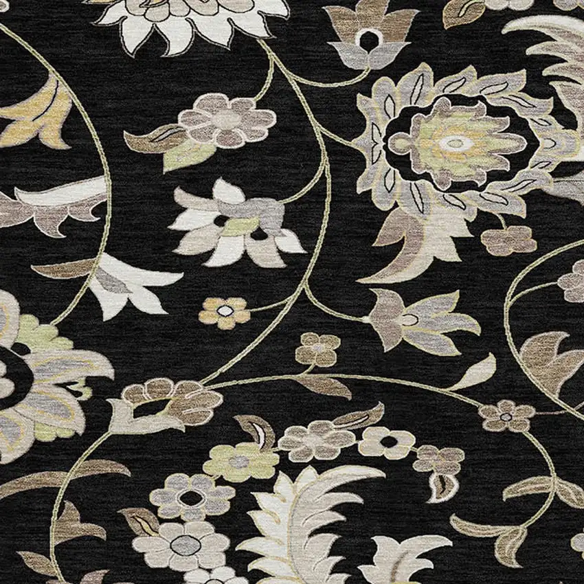 8' Black Beige And Ivory Round Floral Washable Indoor Outdoor Area Rug Photo 5