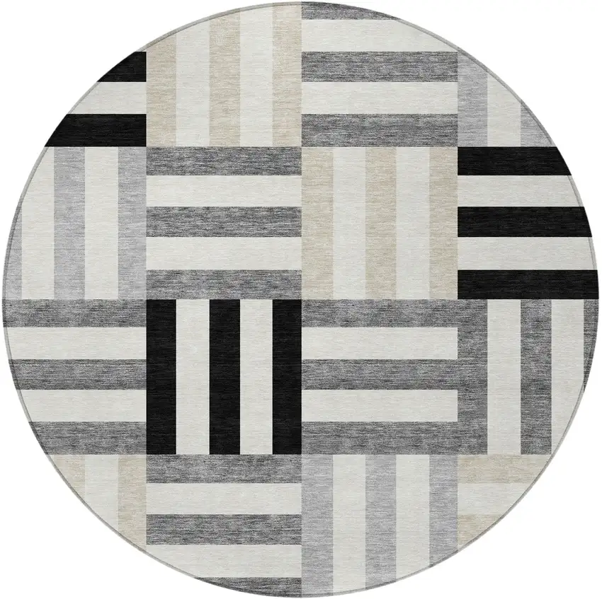 8' Black Beige And Ivory Round Geometric Washable Indoor Outdoor Area Rug Photo 5