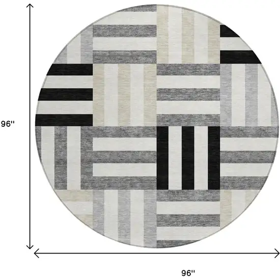 8' Black Beige And Ivory Round Geometric Washable Indoor Outdoor Area Rug Photo 3