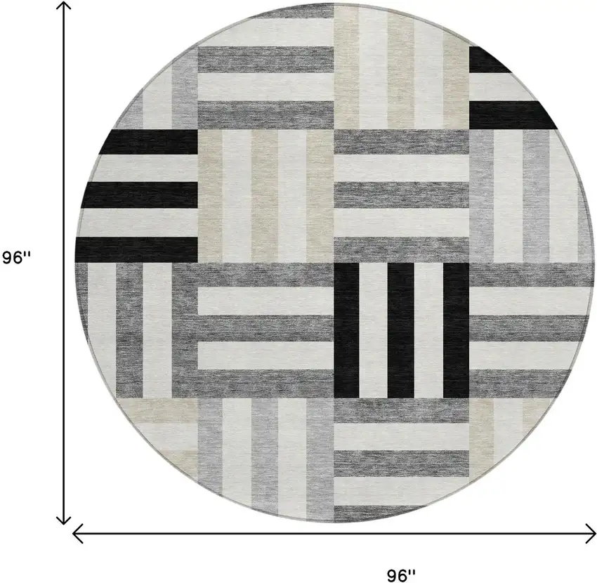 8' Black Beige And Ivory Round Geometric Washable Indoor Outdoor Area Rug Photo 3
