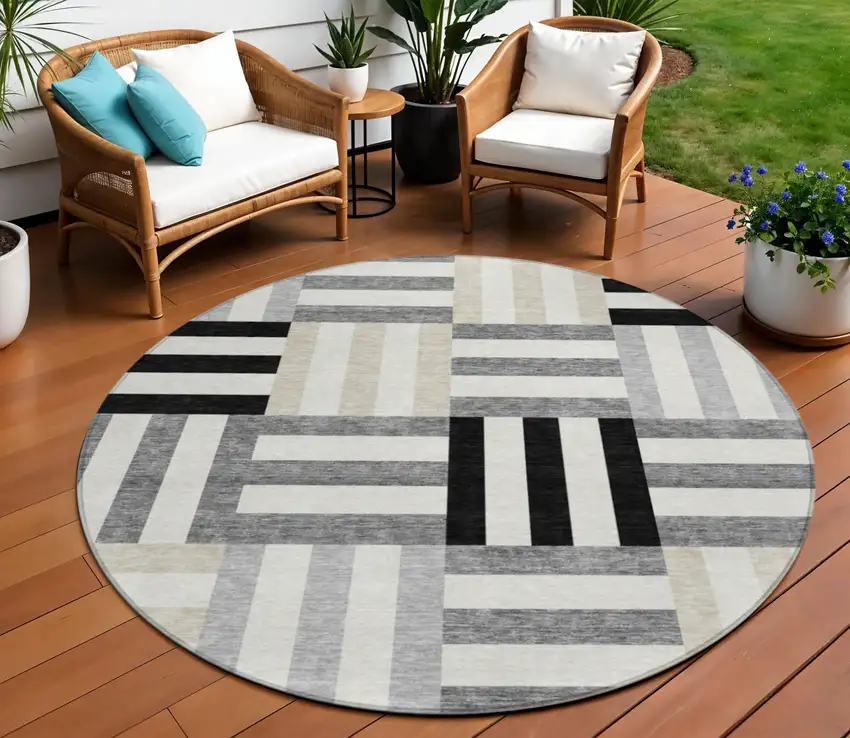 8' Black Beige And Ivory Round Geometric Washable Indoor Outdoor Area Rug Photo 1