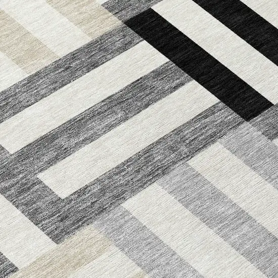 8' Black Beige And Ivory Round Geometric Washable Indoor Outdoor Area Rug Photo 8