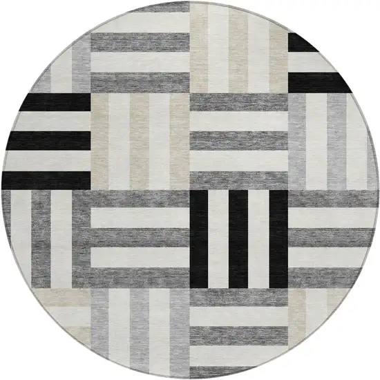 8' Black Beige And Ivory Round Geometric Washable Indoor Outdoor Area Rug Photo 2