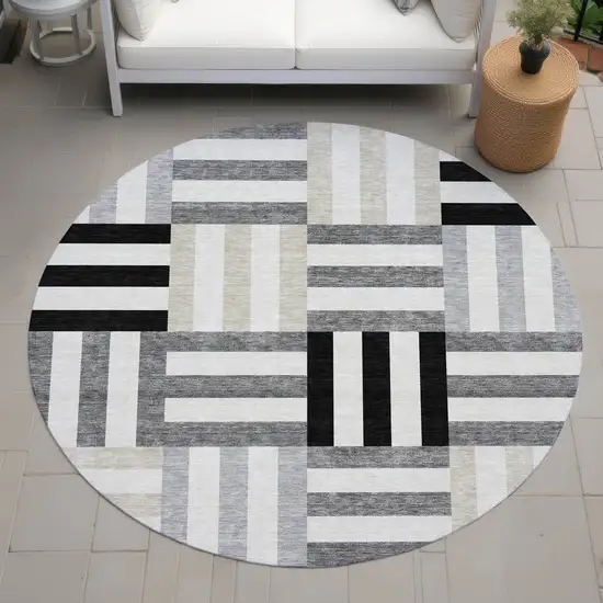 8' Black Beige And Ivory Round Geometric Washable Indoor Outdoor Area Rug Photo 8