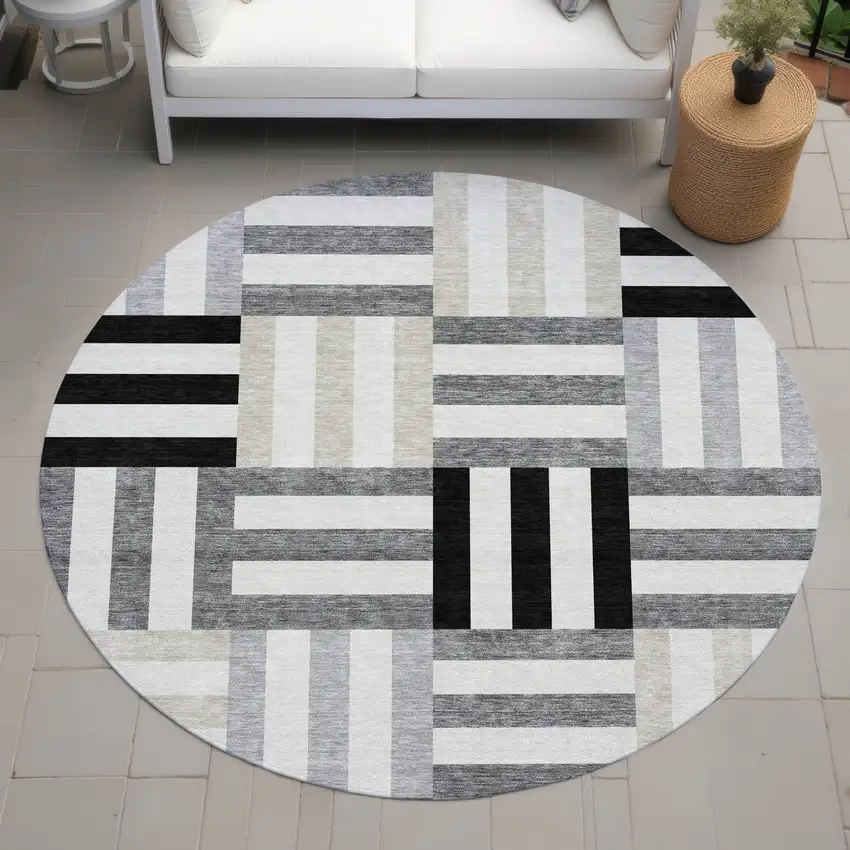 8' Black Beige And Ivory Round Geometric Washable Indoor Outdoor Area Rug Photo 8