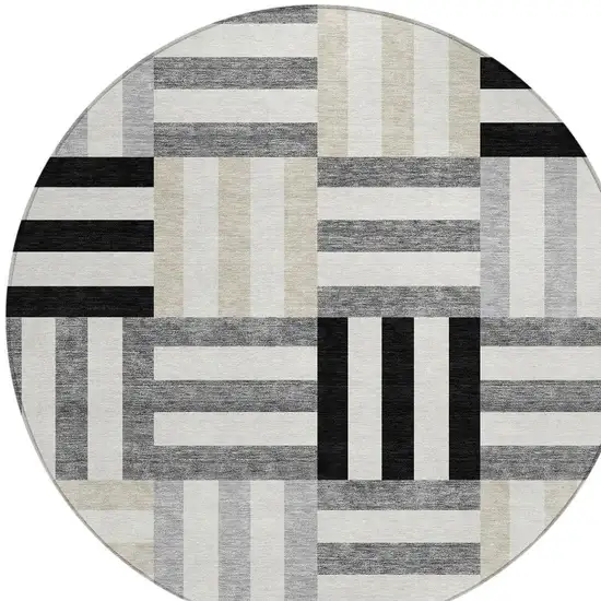 8' Black Beige And Ivory Round Geometric Washable Indoor Outdoor Area Rug Photo 4