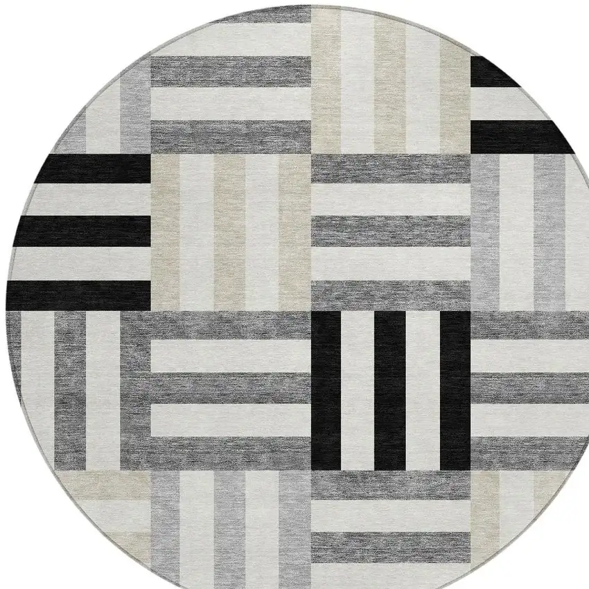 8' Black Beige And Ivory Round Geometric Washable Indoor Outdoor Area Rug Photo 4