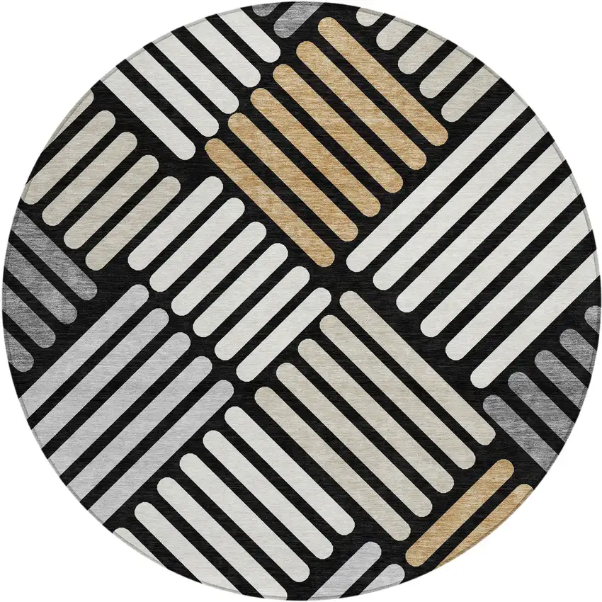 8' Black Beige And Ivory Round Geometric Washable Indoor Outdoor Area Rug Photo 2