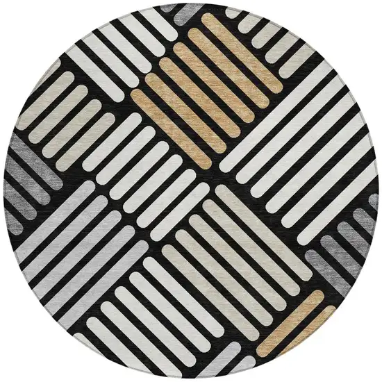 8' Black Beige And Ivory Round Geometric Washable Indoor Outdoor Area Rug Photo 4