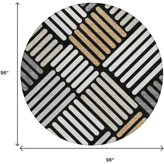 8' Black Beige And Ivory Round Geometric Washable Indoor Outdoor Area Rug Photo 3