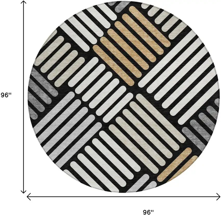 8' Black Beige And Ivory Round Geometric Washable Indoor Outdoor Area Rug Photo 3