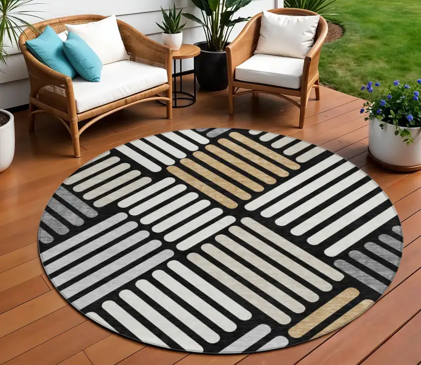 8' Black Beige And Ivory Round Geometric Washable Indoor Outdoor Area Rug Photo 1