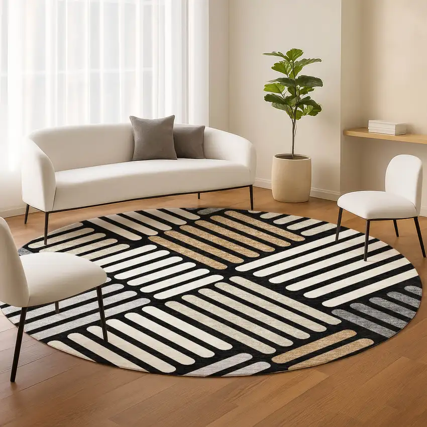 8' Black Beige And Ivory Round Geometric Washable Indoor Outdoor Area Rug Photo 9