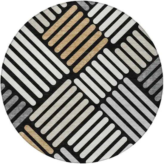 8' Black Beige And Ivory Round Geometric Washable Indoor Outdoor Area Rug Photo 5
