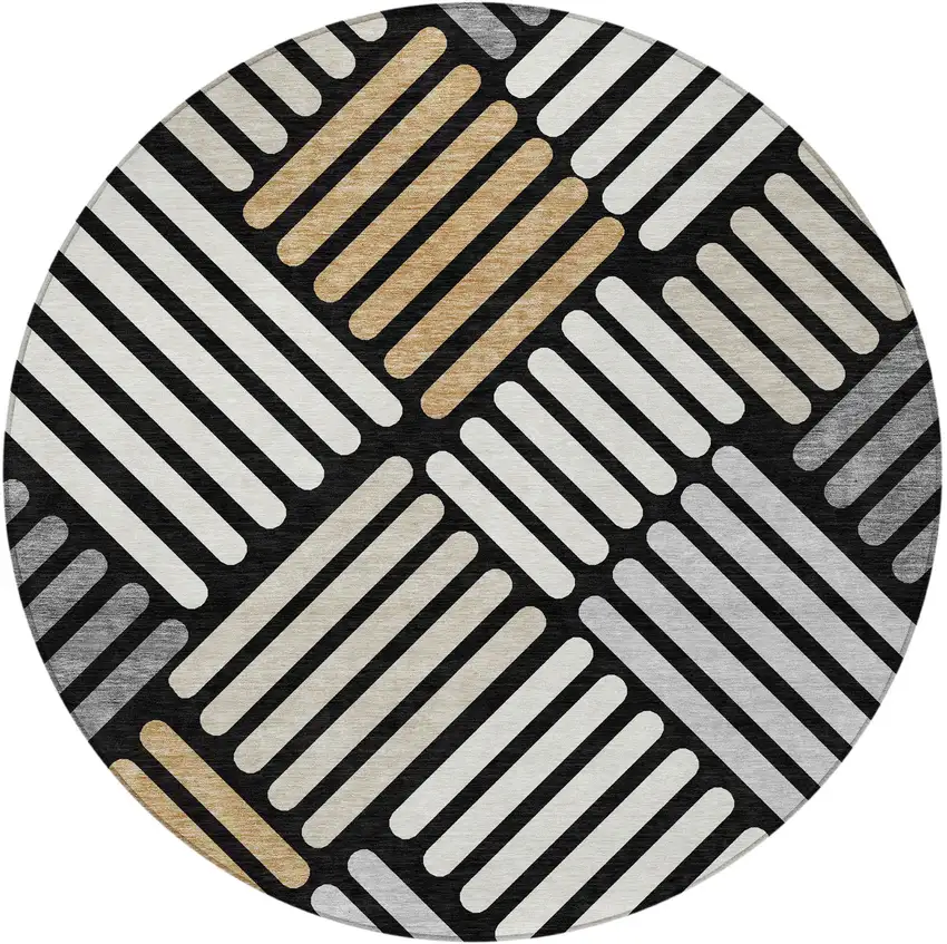 8' Black Beige And Ivory Round Geometric Washable Indoor Outdoor Area Rug Photo 5