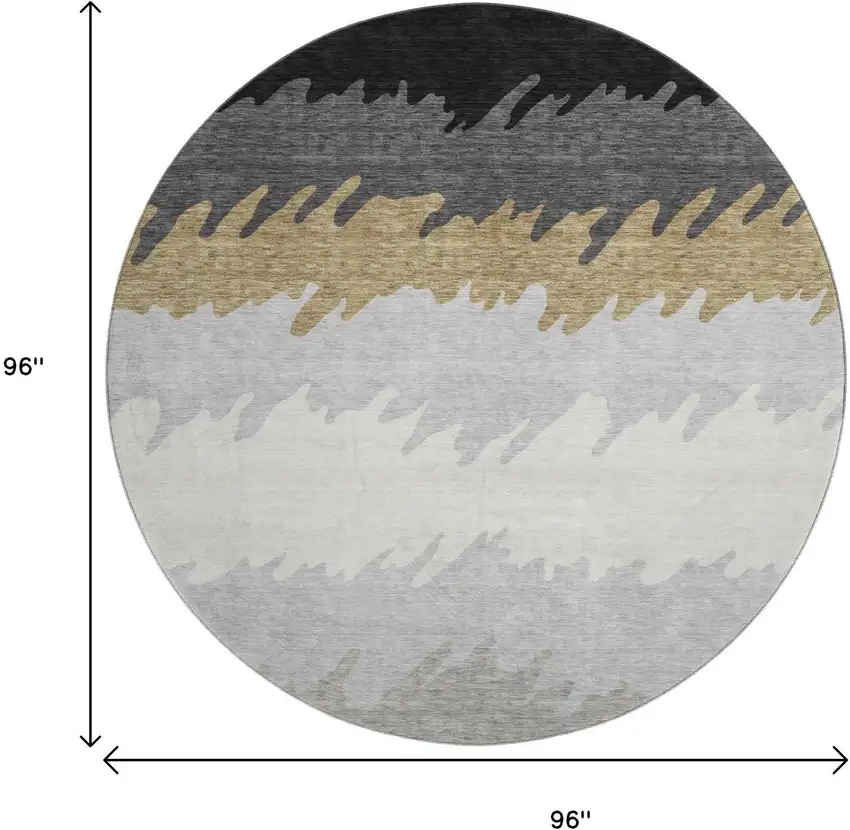 8' Black Beige And Silver Striped Washable Round Rug With UV Protection Photo 3