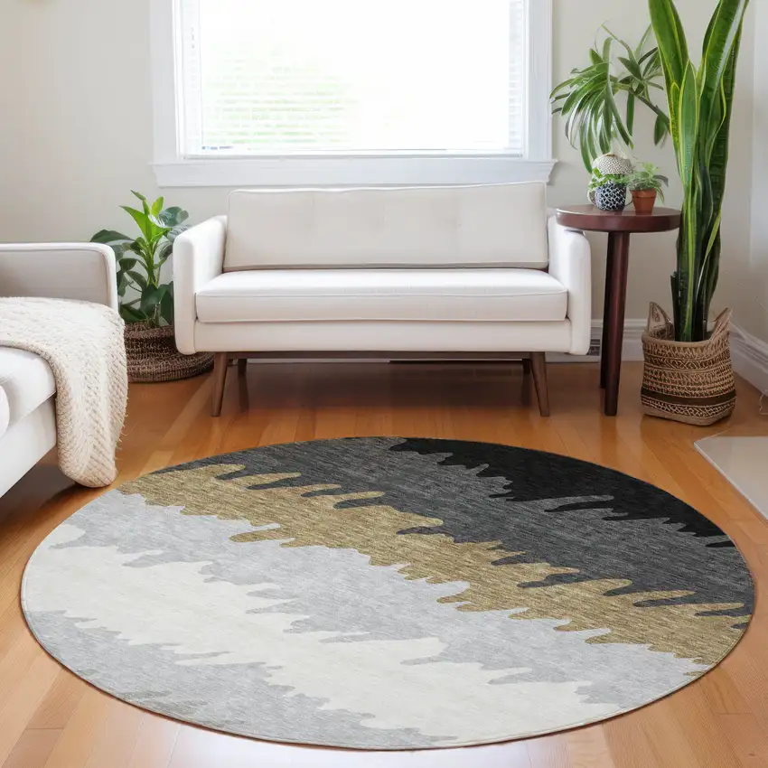 8' Black Beige And Silver Striped Washable Round Rug With UV Protection Photo 4
