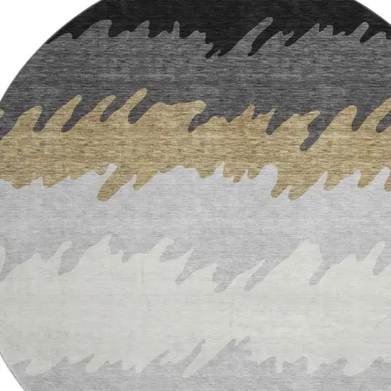 8' Black Beige And Silver Striped Washable Round Rug With UV Protection Photo 3