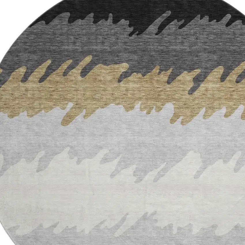 8' Black Beige And Silver Striped Washable Round Rug With UV Protection Photo 3