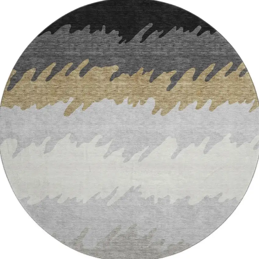 8' Black Beige And Silver Striped Washable Round Rug With UV Protection Photo 4