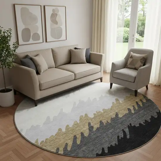 8' Black Beige And Silver Striped Washable Round Rug With UV Protection Photo 1