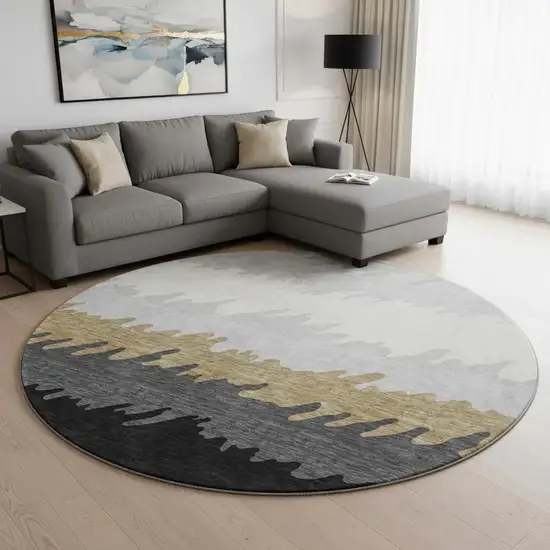 8' Black Beige And Silver Striped Washable Round Rug With UV Protection Photo 2