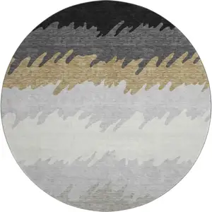 Photo of 8' Black Beige And Silver Striped Washable Round Rug With UV Protection