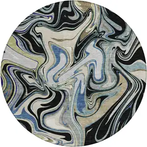 Photo of 8' Black Blue And Beige Round Abstract Washable Indoor Outdoor Area Rug