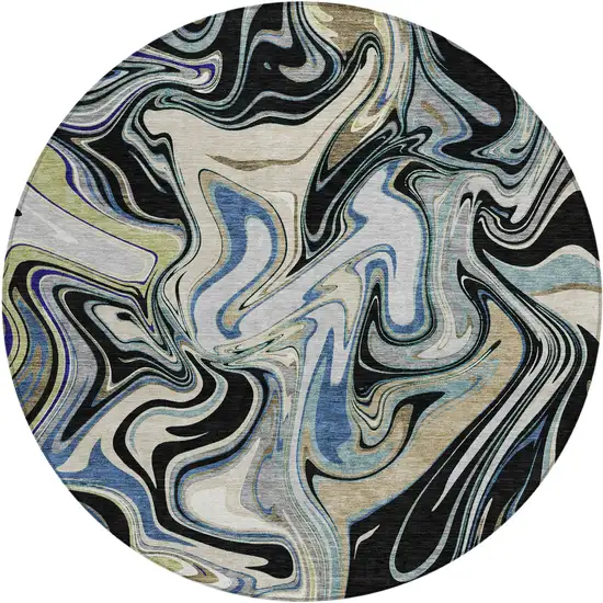 8' Black Blue And Beige Round Abstract Washable Indoor Outdoor Area Rug Photo 1