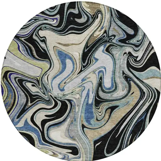 8' Black Blue And Beige Round Abstract Washable Indoor Outdoor Area Rug Photo 3