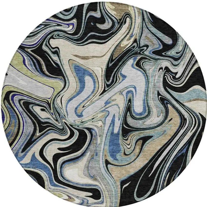 8' Black Blue And Beige Round Abstract Washable Indoor Outdoor Area Rug Photo 3