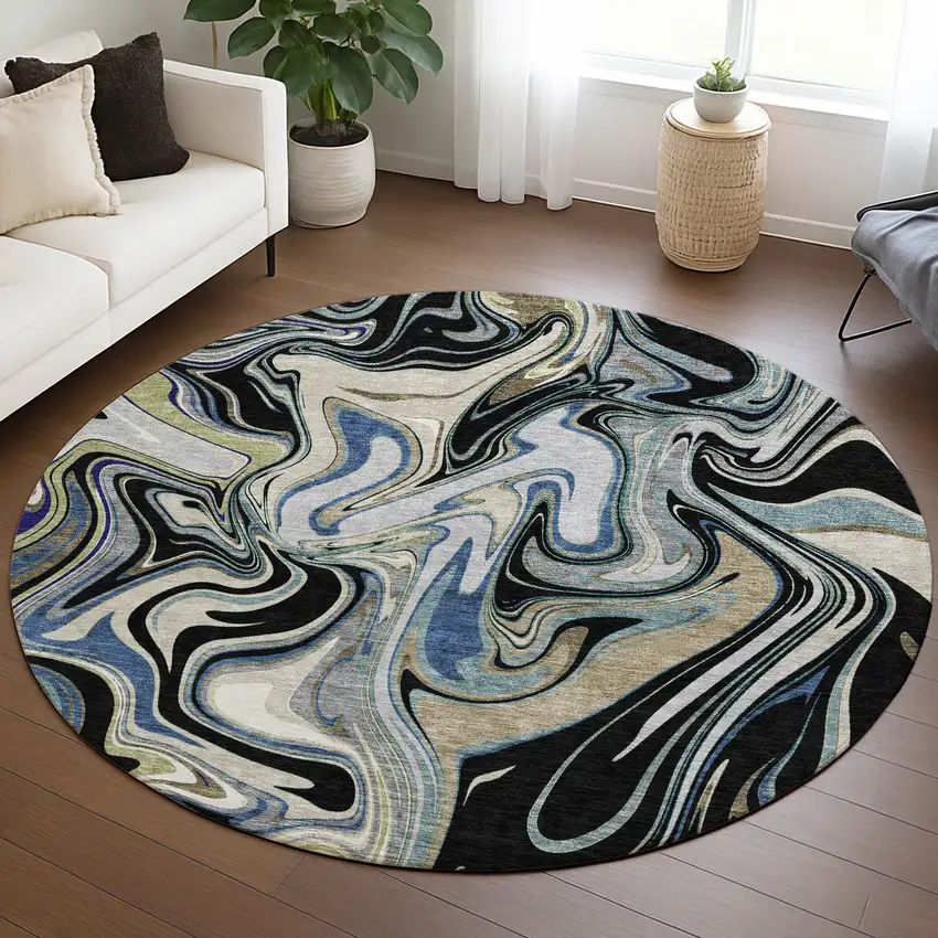 8' Black Blue And Beige Round Abstract Washable Indoor Outdoor Area Rug Photo 5